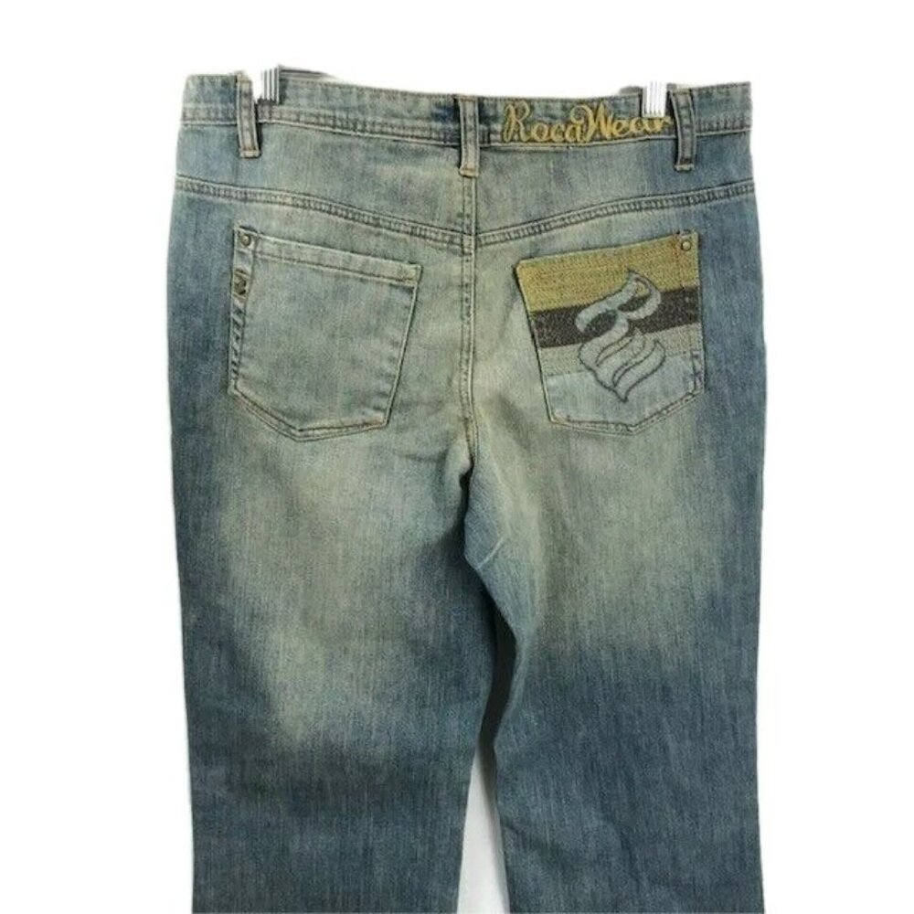RocaWare Jeans Light Blue Embroidered Logo & Pocket Brown Yellow Size 14 NWT